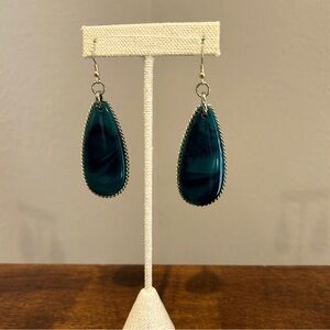 Silver and jade colored stone pierced earrings 2 inches good condition no smoke